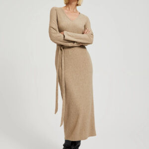 Prążkowana sukienka midi beżowa