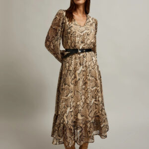 Sukienka z bufiastymi rękawami i zwierzęcym wzorem beżowa