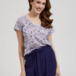 Bluzka w kwiatowy wzór z dekoltem w serek fioletowa