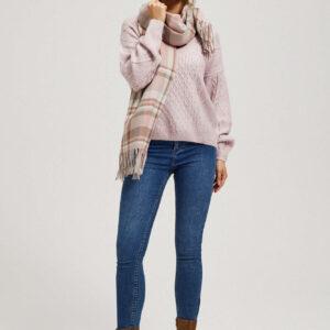 Szalik w kratę z frędzlami pudrowo-różowy