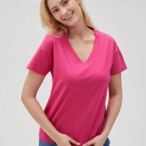Bawełniany t-shirt z dekoltem w serek fuksjowy