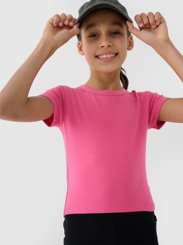 4F T-shirt slim crop top gładki dziewczęcy - różowy 134 (8-9 lat)