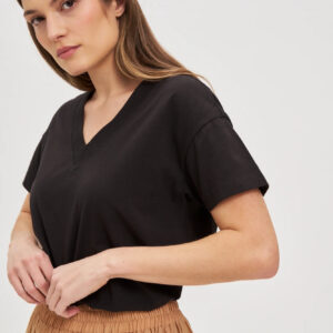 8b80907a15df93cbca889438f0d38f2237d4a749 Bawełniany t-shirt z dekoltem w serek czarny