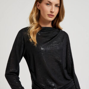 Bluzka z marszczonym dekoltem i długimi rękawami czarna