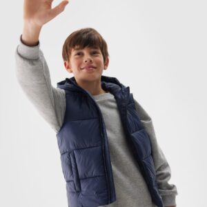 4F Bezrękawnik puchowy pikowany z kapturem chłopięcy - granatowy 152 (11-12 lat)
