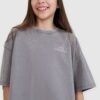 4F T-shirt oversize crop top z nadrukiem dziewczęcy - szary 122 (6-7 lat)