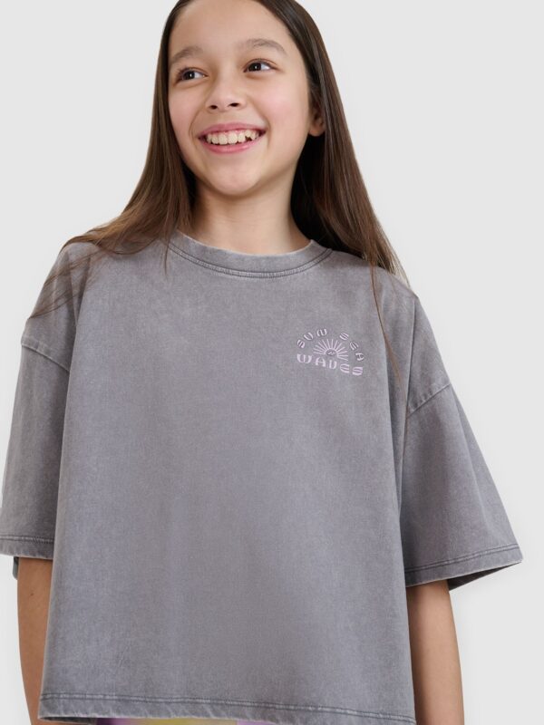 4F T-shirt oversize crop top z nadrukiem dziewczęcy - szary 122 (6-7 lat)