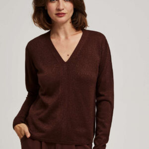 928923dcffc9e831905283fce3cdfcc7908b2e9f Sweter z metaliczną nitką i dekoltem w serek brązowy