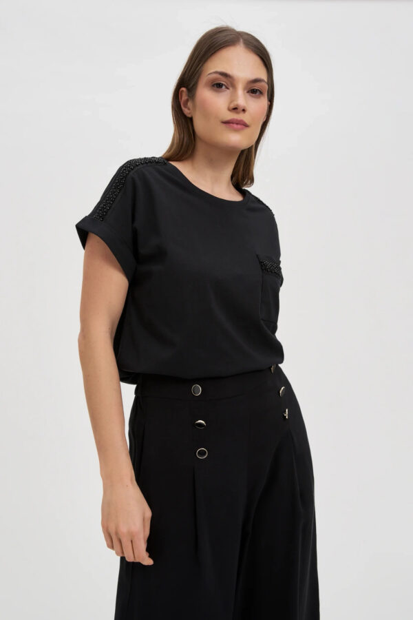 Bawełniany t-shirt ozdobiony koralikami czarny