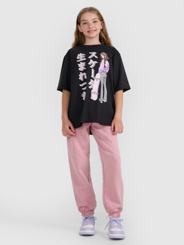 4F T-shirt oversize z nadrukiem dziewczęcy - czarny 152 (11-12 lat)