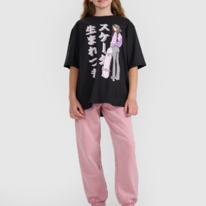 4F T-shirt oversize z nadrukiem dziewczęcy - czarny 152 (11-12 lat)