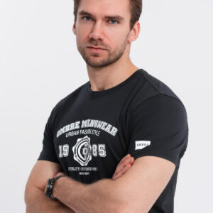 Męski bawełniany t-shirt z nadrukiem w stylu college – czarny V2