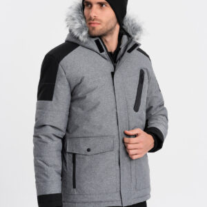 Zimowa kurtka męska z regulowanym kapturem z odpinanym futerkiem - szaro-czarna V1