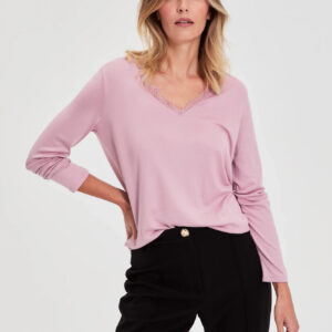 Sweter z koronkowym dekoltem różowy