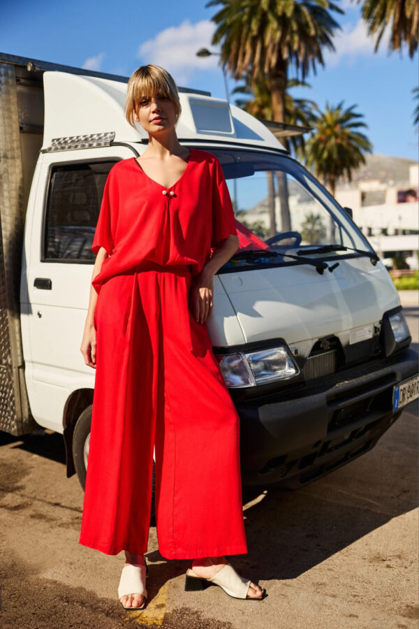 Wiskozowe spodnie z szerokimi nogawkami czerwone