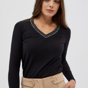 Dopasowana bluzka z ozdobnym dekoltem czarna