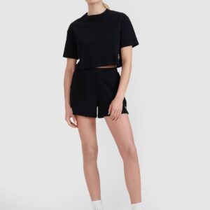 4F T-shirt crop top z waflowej dzianiny damski - czarny