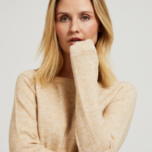 Sweter z okrągłym dekoltem i wiązaniem w pasie beżowy