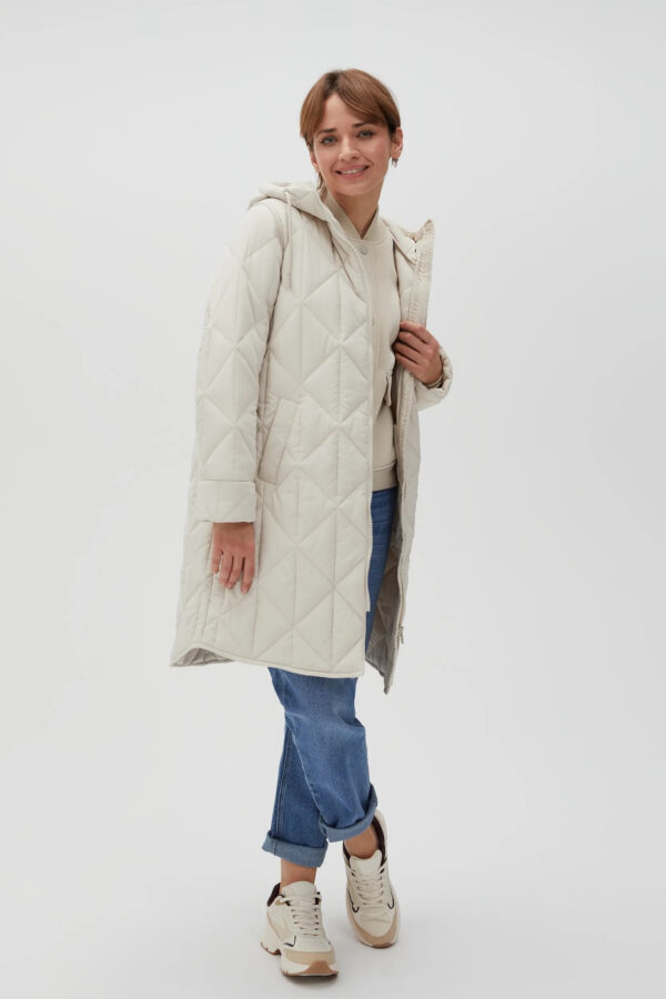 Długa, pikowana kurtka z kapturem beżowa