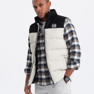 Męski pikowany bezrękawnik w kontrastowych kolorach - kremowy V1