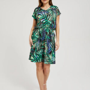 Sukienka w tropikalny wzór z wiązaniem w talii zielona
