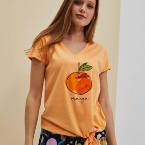 T-shirt z nadrukiem i dekoltem w serek brzoskwiniowy