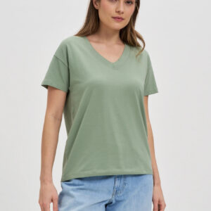 Bawełniany t-shirt z dekoltem w serek oliwkowy