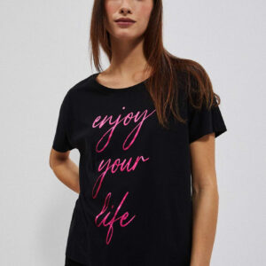 Bluzka z różowym napisem i okrągłym dekoltem czarna