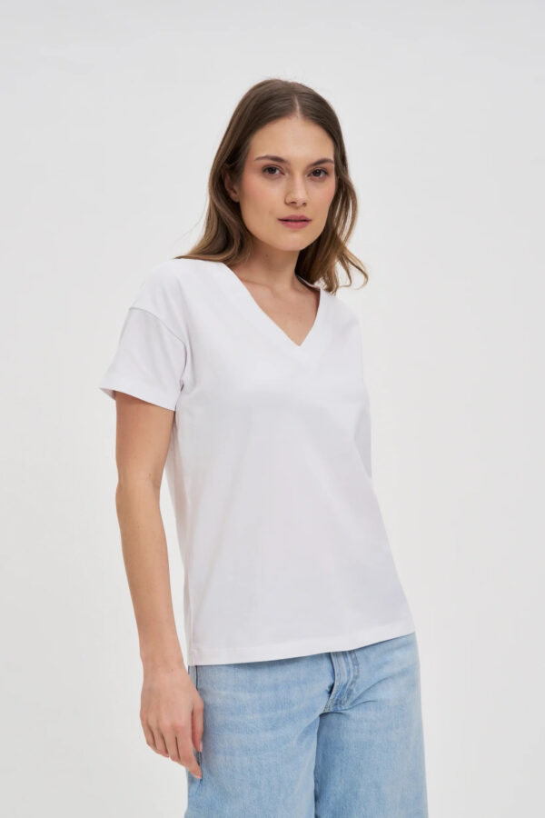 Bawełniany t-shirt z dekoltem w serek biały