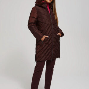 Długa pikowana kurtka z kapturem brązowa