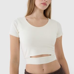4F T-shirt crop top gładki damski - biały