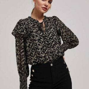 Wzorzysta koszula z wiązaniem na dekolcie czarna