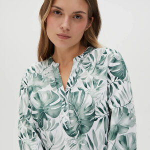 Wiskozowa koszula z tropikalnym wzorem oliwkowa