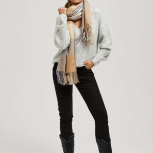 Szalik w kratę z frędzlami ciemnobeżowy