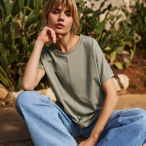 Bawełniana bluzka z krótkimi rękawami oliwkowa