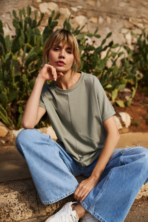 bcf3b90f1c7df0eb014c4444dd6f2a260ab680df Bawełniana bluzka z krótkimi rękawami oliwkowa