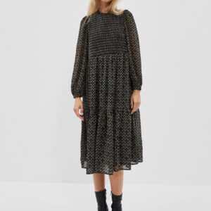 bf57e6106ac046db21245d9c56f79566083b653f Sukienka midi z printem i falbaną czarna