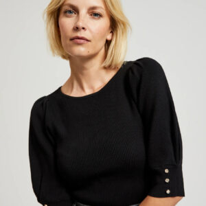 Prążkowany sweter z bufiastymi rękawami czarny