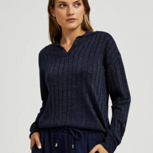 Sweter z kołnierzykiem i metaliczną nitką granatowy