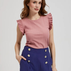 Prążkowana bluzka z falbaną na ramionach różowa