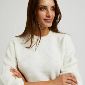 Sweter z bufiastymi rękawami z dodatkiem wełny biały