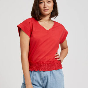 Bluzka z dekoltem w serek i gumą w pasie czerwona