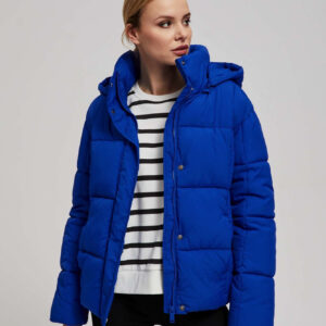 Krótka pikowana kurtka z kapturem ciemnoniebieska