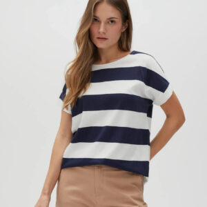 Bluzka w paski z krótkimi rękawami granatowa