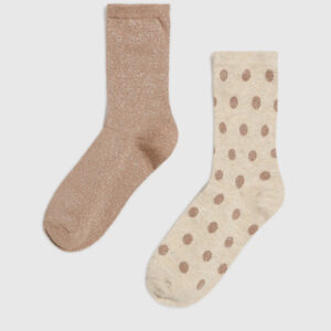 2 pack długich skarpet ozdobionych metaliczną nitką beżowe