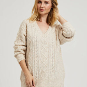 Dzianinowy sweter z dekoltem w serek beżowy