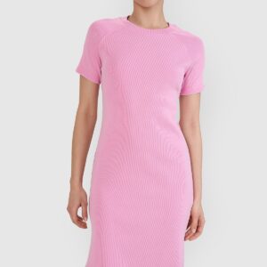 4F Sukienka midi z prążkowanej dzianiny damska - różowa