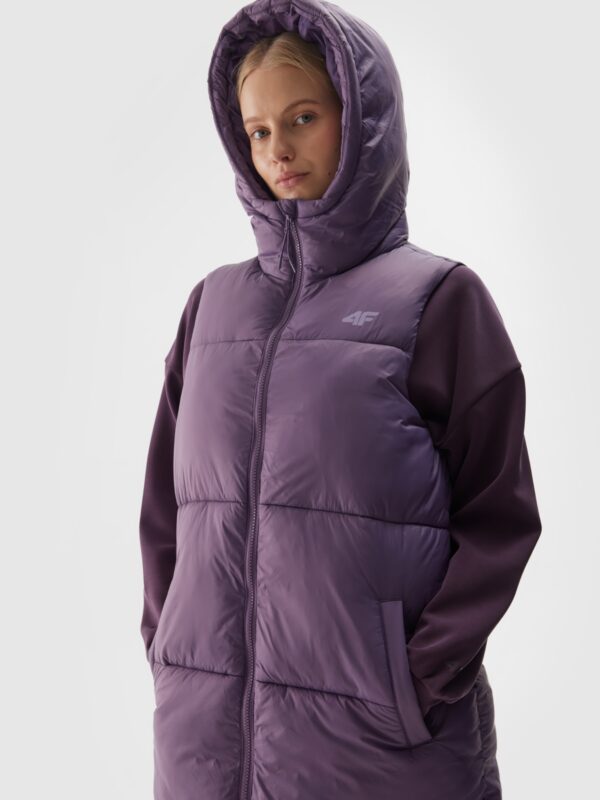 ce2e36417e7841f9051423f7e41fc7f898d027d0 4F Długi bezrękawnik puchowy pikowany z kapturem damski - fioletowy