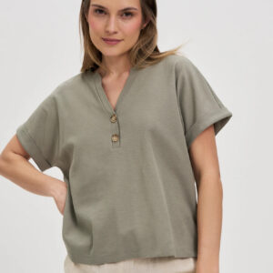 Bluzka z guzikami na dekolcie oliwkowa