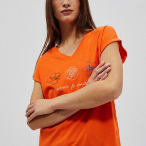 T-shirt z dekoltem w serek i nadrukiem pomarańczowy